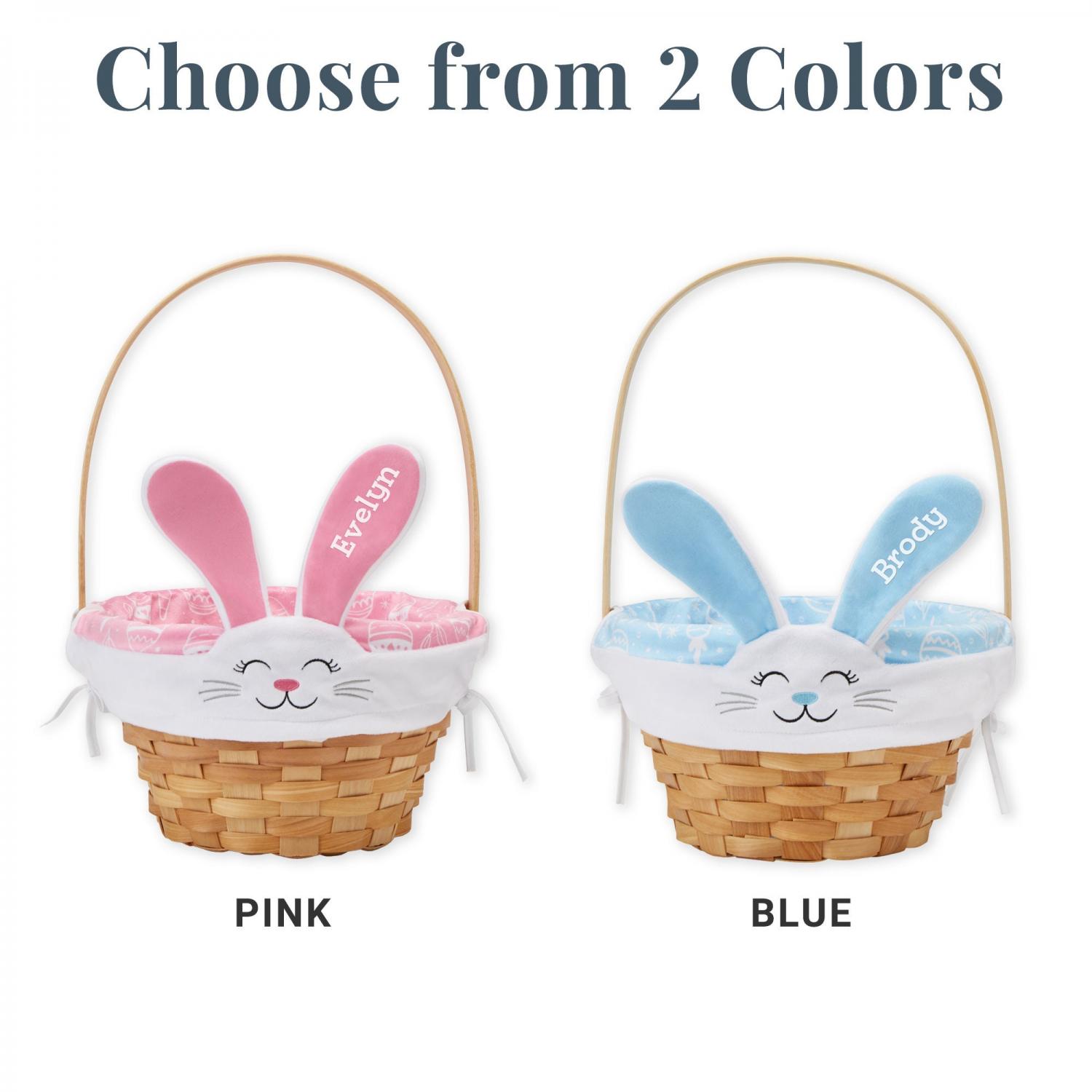 Personalized Easter Basket - Wicker Easter Basket - Embroidered Liner - Happy Bunny Basket - For Kids - Available in Blue or Pink
