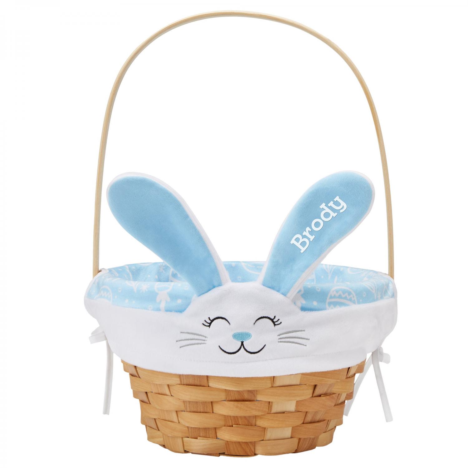 Personalized Easter Basket - Wicker Easter Basket - Embroidered Liner - Happy Bunny Basket - For Kids - Available in Blue or Pink