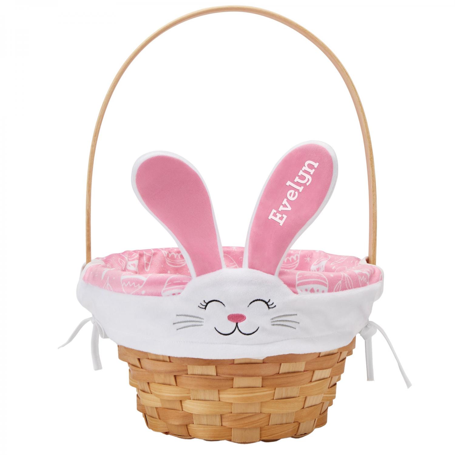 Personalized Easter Basket - Wicker Easter Basket - Embroidered Liner - Happy Bunny Basket - For Kids - Available in Blue or Pink