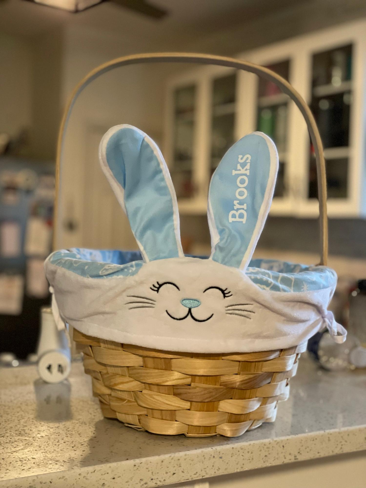Personalized Easter Basket - Wicker Easter Basket - Embroidered Liner - Happy Bunny Basket - For Kids - Available in Blue or Pink