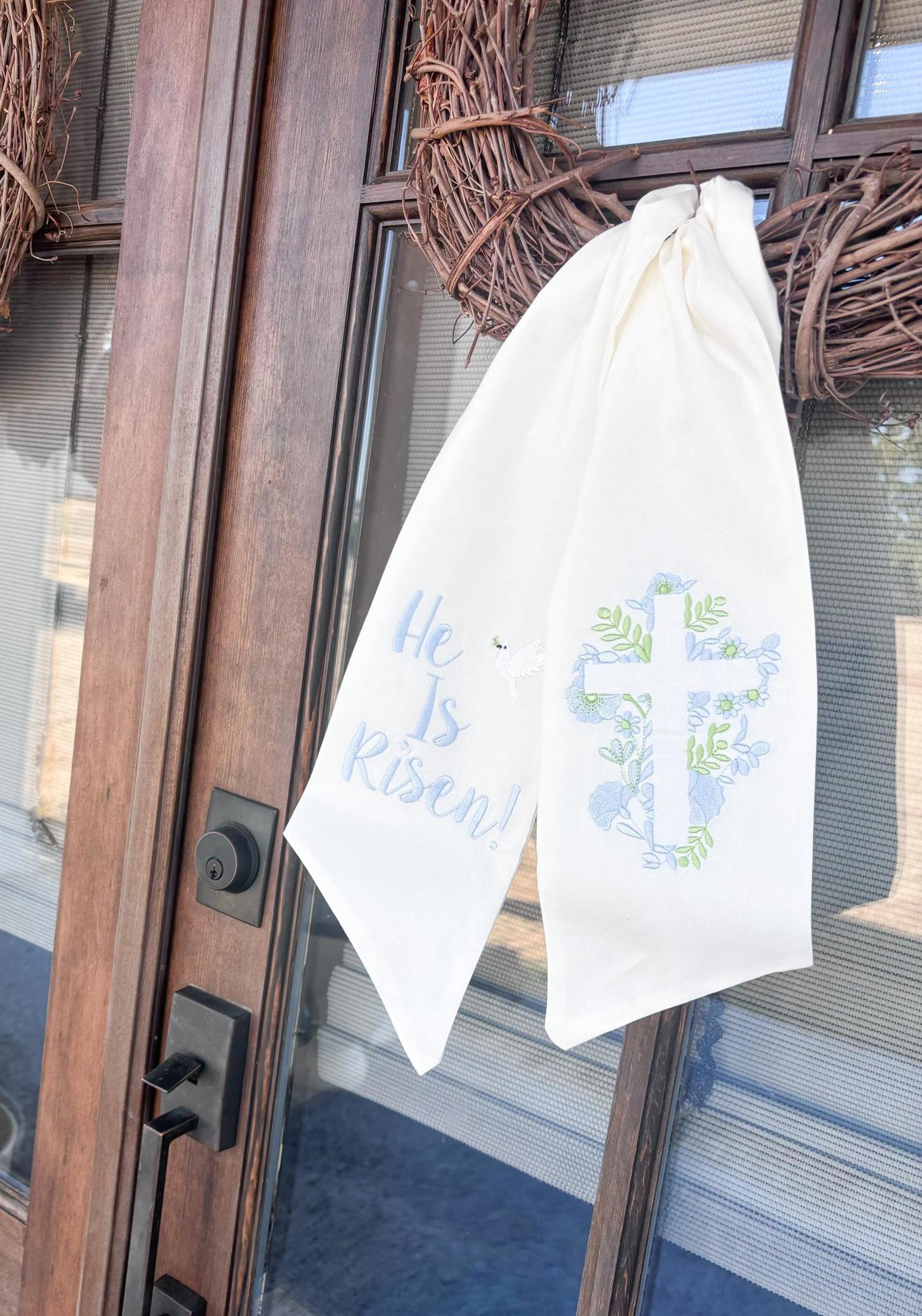 Spring and Easter Wreath Sash/ He Is Risen With Cross Design/Easter Home Decor/Wreath Sash for Spring or Easter