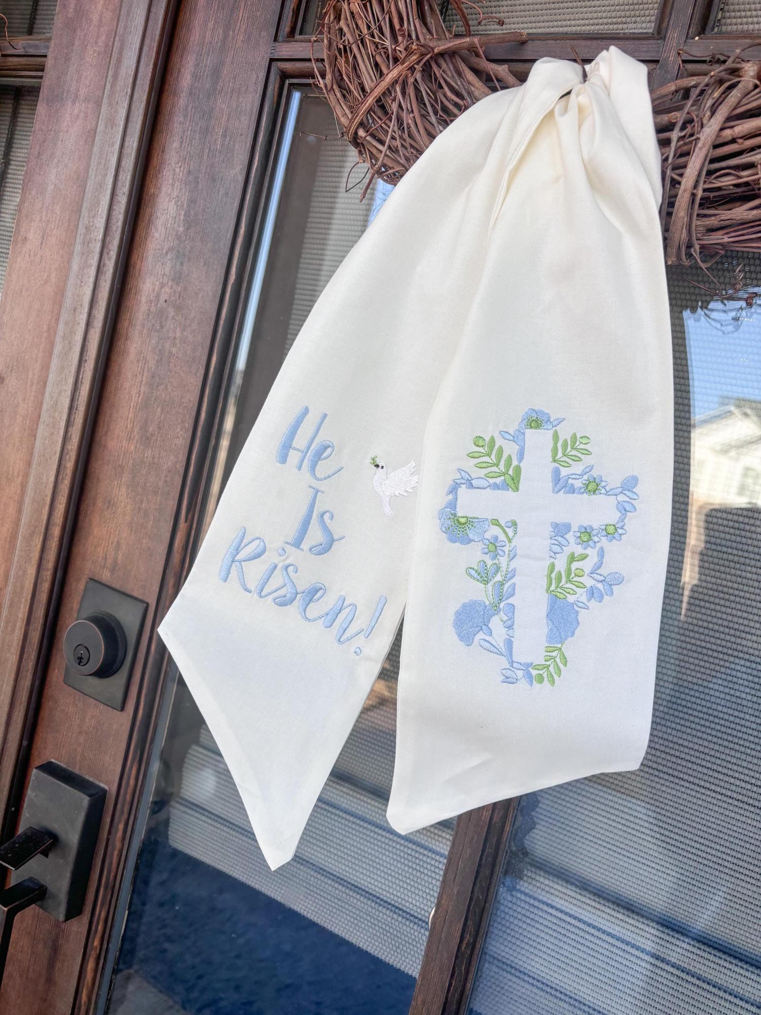 Spring and Easter Wreath Sash/ He Is Risen With Cross Design/Easter Home Decor/Wreath Sash for Spring or Easter