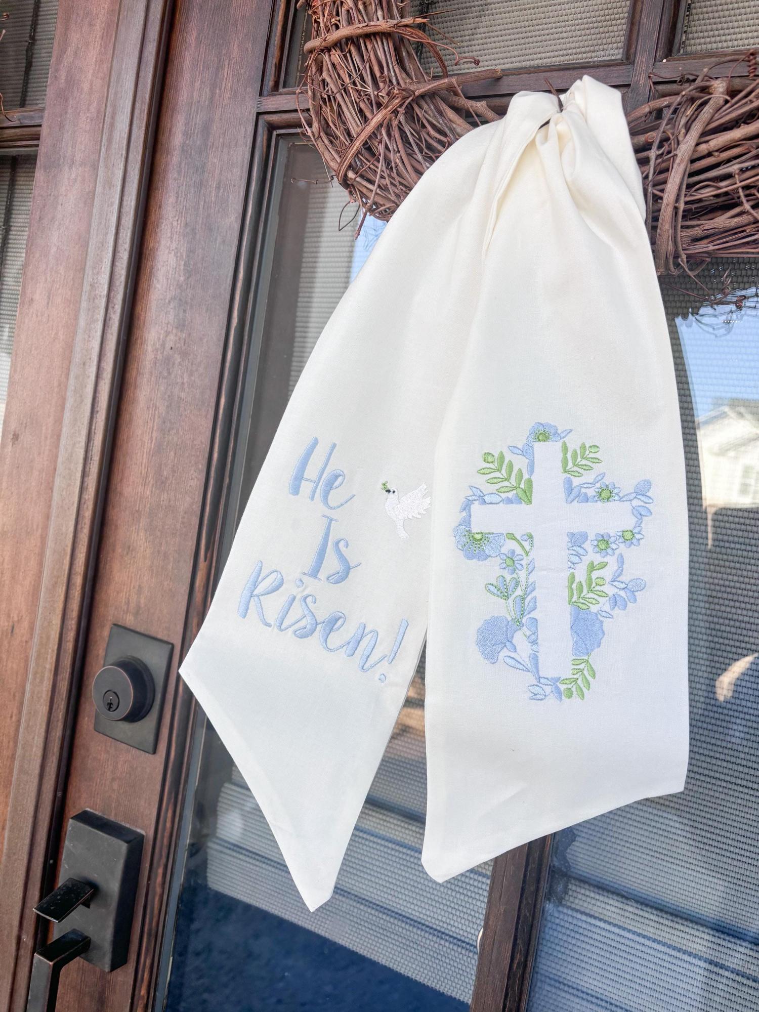 Spring and Easter Wreath Sash/ He Is Risen With Cross Design/Easter Home Decor/Wreath Sash for Spring or Easter