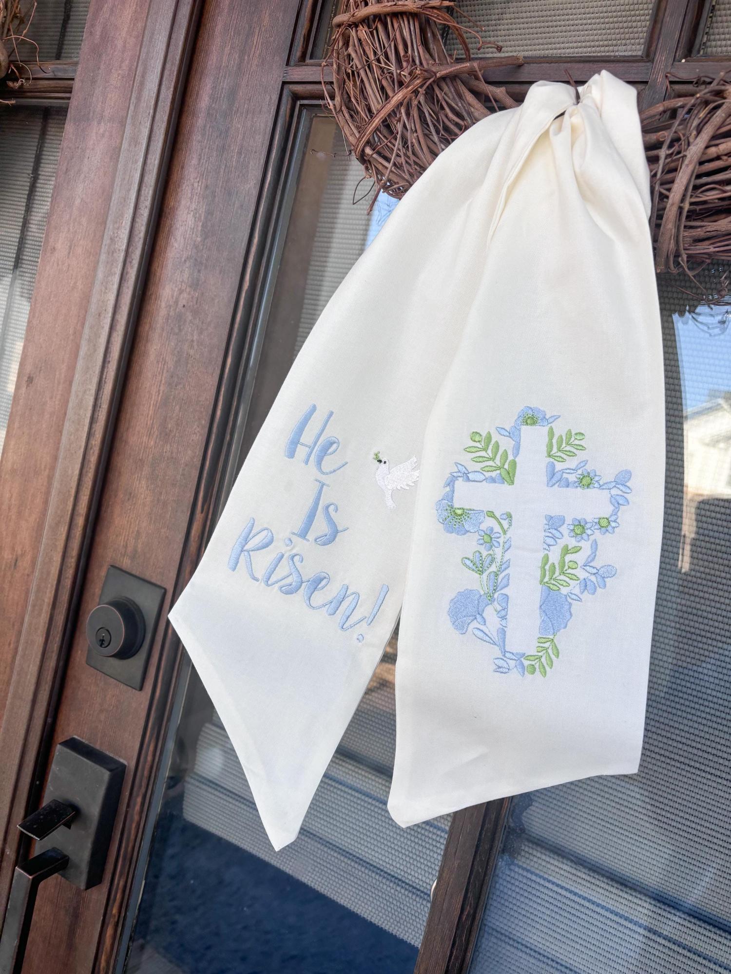 Spring and Easter Wreath Sash/ He Is Risen With Cross Design/Easter Home Decor/Wreath Sash for Spring or Easter