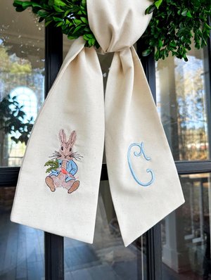 peter rabbit easter classic monogrammed wreath sash x custom embroidered x hand tailored x door decor x spring bunny bow