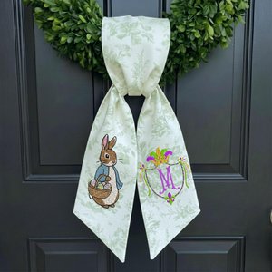 Mardi Gras Harlequin & Easter Peter Rabbit Wreath Sash, Monogrammed Scalloped Lace Wreath Sash, Custom Toile Wreath Sash