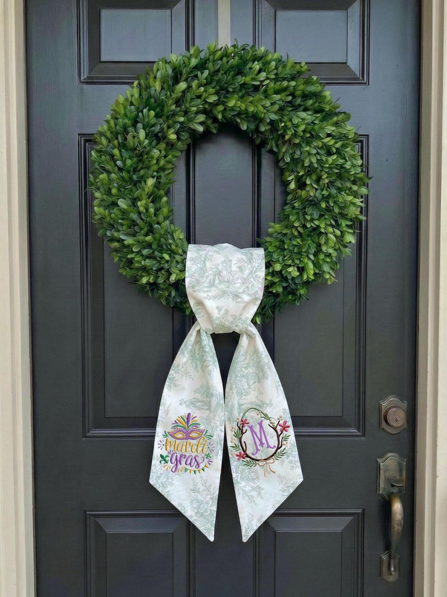 Mardi Gras Harlequin & Easter Peter Rabbit Wreath Sash, Monogrammed Scalloped Lace Wreath Sash, Custom Toile Wreath Sash