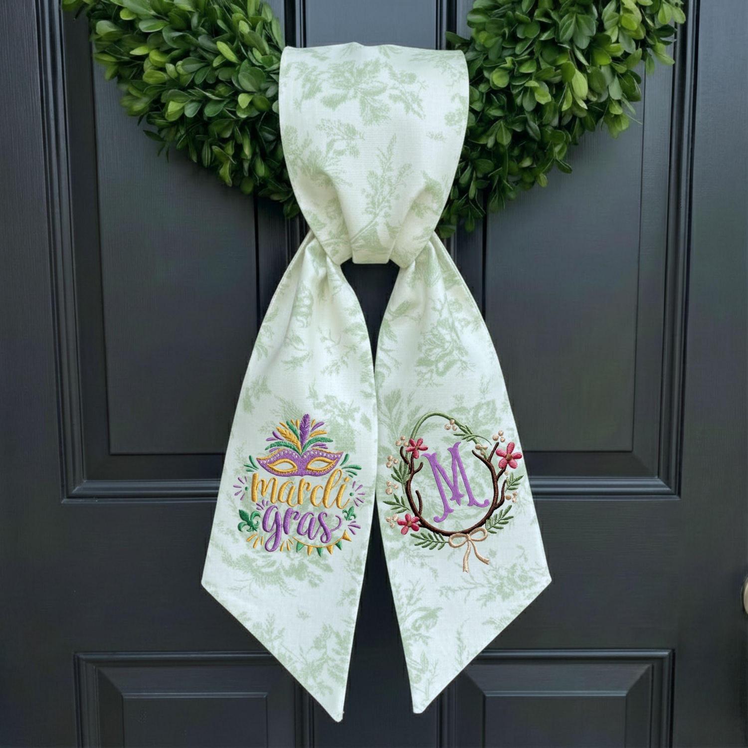 Mardi Gras Harlequin & Easter Peter Rabbit Wreath Sash, Monogrammed Scalloped Lace Wreath Sash, Custom Toile Wreath Sash