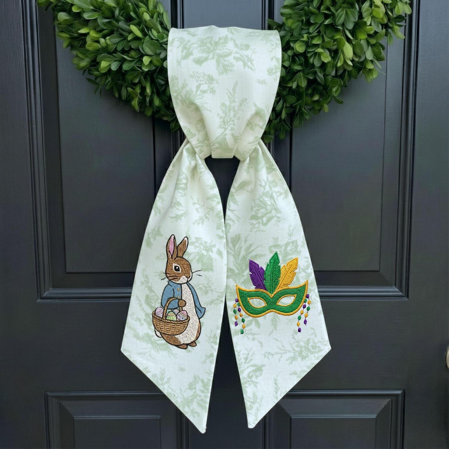 Mardi Gras Harlequin & Easter Peter Rabbit Wreath Sash, Monogrammed Scalloped Lace Wreath Sash, Custom Toile Wreath Sash