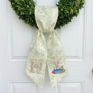 Custom Easter Monogram Sash, Green Floral Toile Wreath Tie, Personalized Initial Spring Decor, Bunny & Eggs Embroidery, Any Letter Hanger