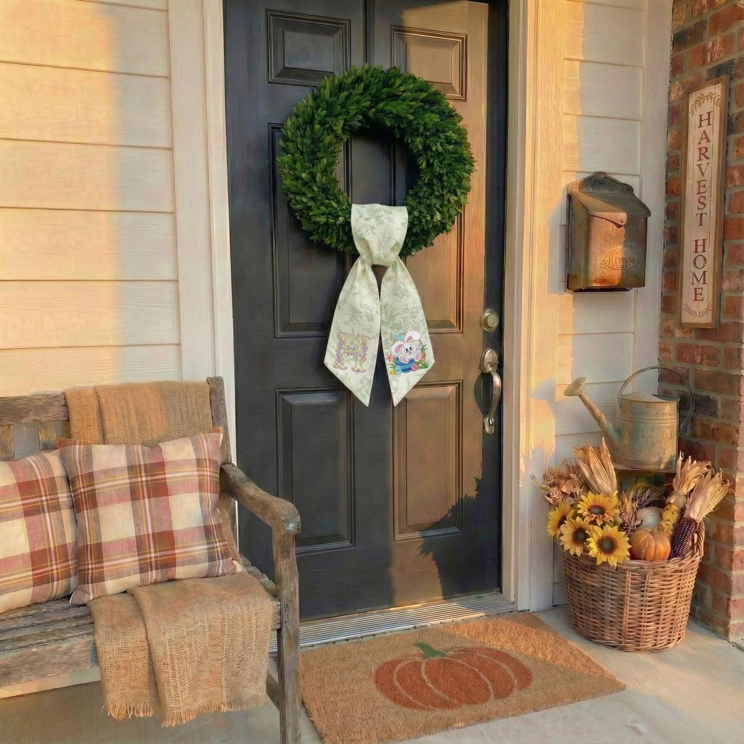 Custom Easter Monogram Sash, Green Floral Toile Wreath Tie, Personalized Initial Spring Decor, Bunny & Eggs Embroidery, Any Letter Hanger