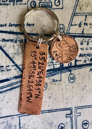 Latitude and longitude key ring • coordinates • hand stamped penny • rustic • 7th anniversary • map coordinates • copper anniversary •
