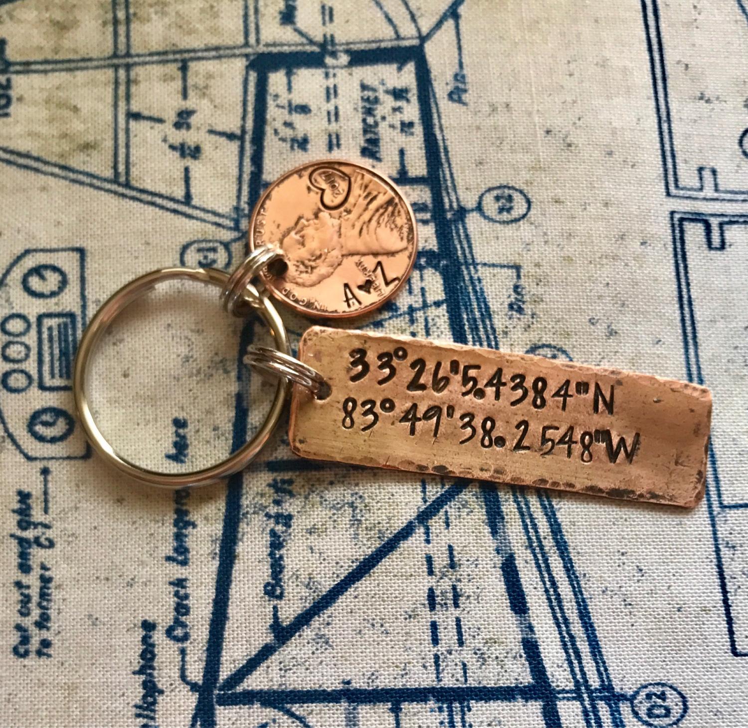 Latitude and longitude key ring • coordinates • hand stamped penny • rustic • 7th anniversary • map coordinates • copper anniversary •