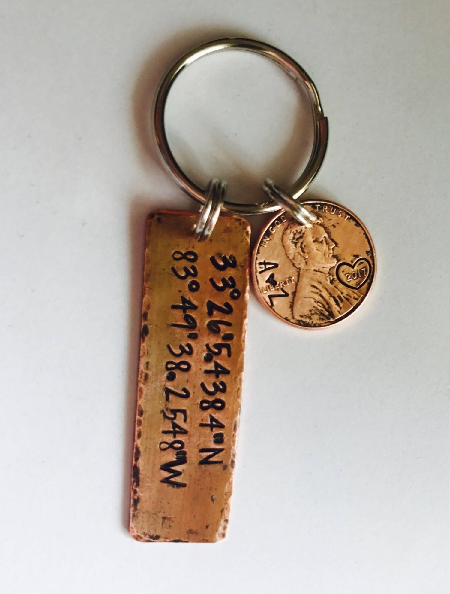 Latitude and longitude key ring • coordinates • hand stamped penny • rustic • 7th anniversary • map coordinates • copper anniversary •