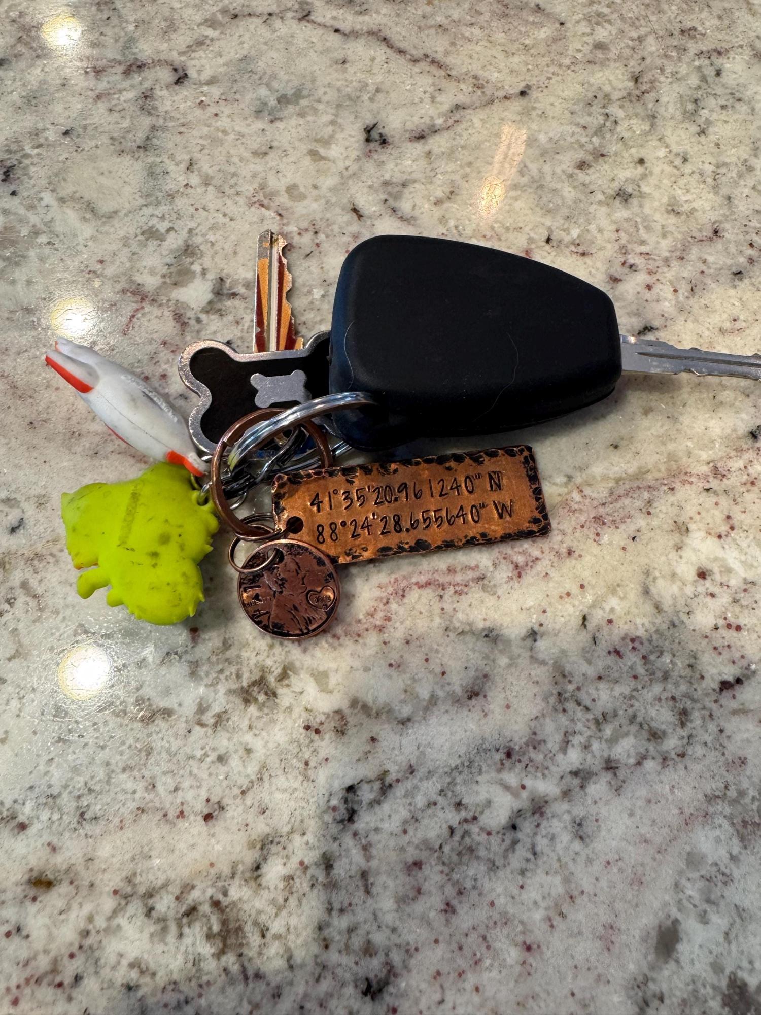 Latitude and longitude key ring • coordinates • hand stamped penny • rustic • 7th anniversary • map coordinates • copper anniversary •