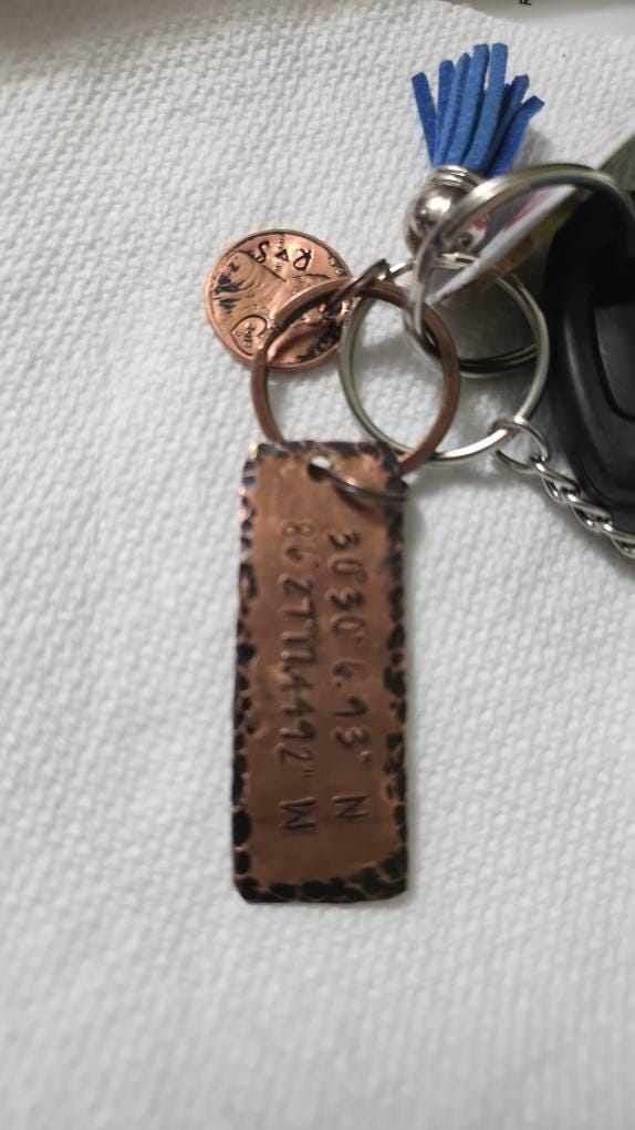 Latitude and longitude key ring • coordinates • hand stamped penny • rustic • 7th anniversary • map coordinates • copper anniversary •