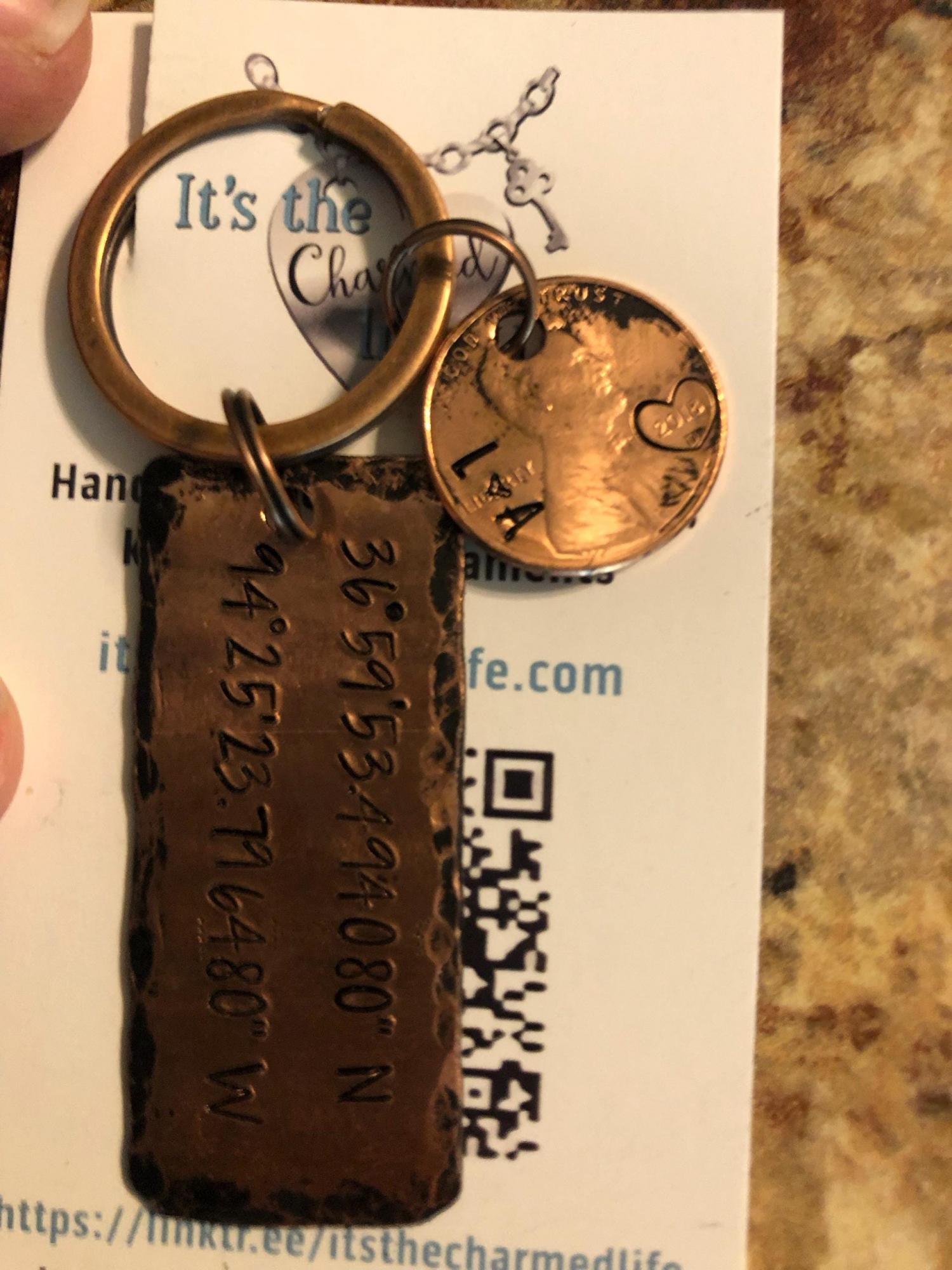 Latitude and longitude key ring • coordinates • hand stamped penny • rustic • 7th anniversary • map coordinates • copper anniversary •