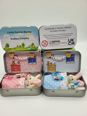 Bunny Easter Plush mummy and baby bunnies in Pocket Tin: role play sibling Gift,  Easter gift