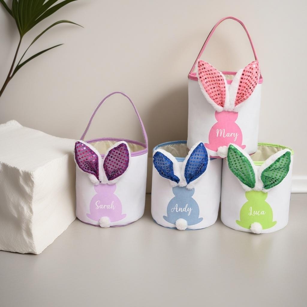 Personalized Easter Basket | Bunny Baskets for Kids | Hot Transfer Logo Easter Basket With LED Lighting| Easter Bunny Tail Bag