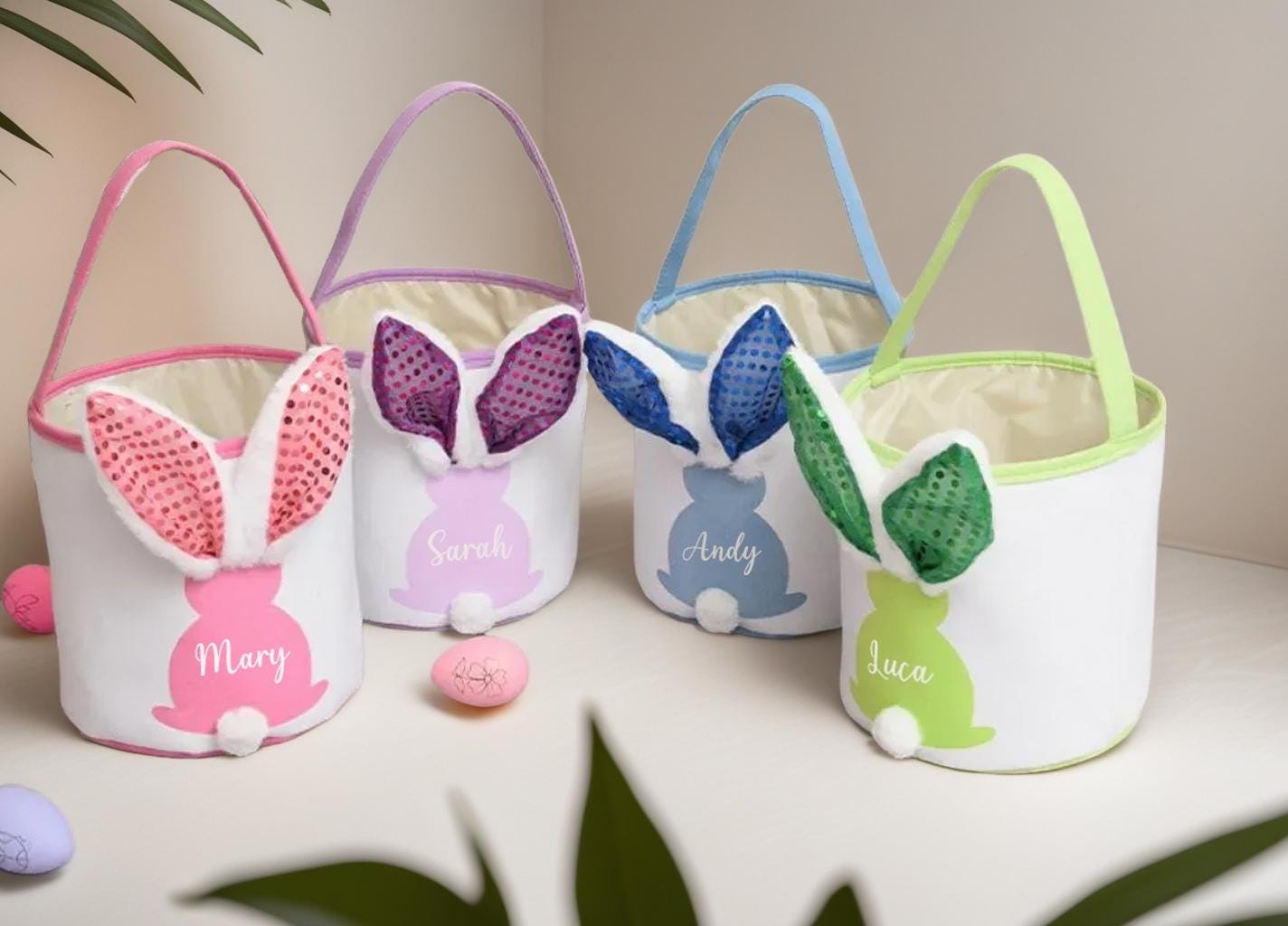 Personalized Easter Basket | Bunny Baskets for Kids | Hot Transfer Logo Easter Basket With LED Lighting| Easter Bunny Tail Bag