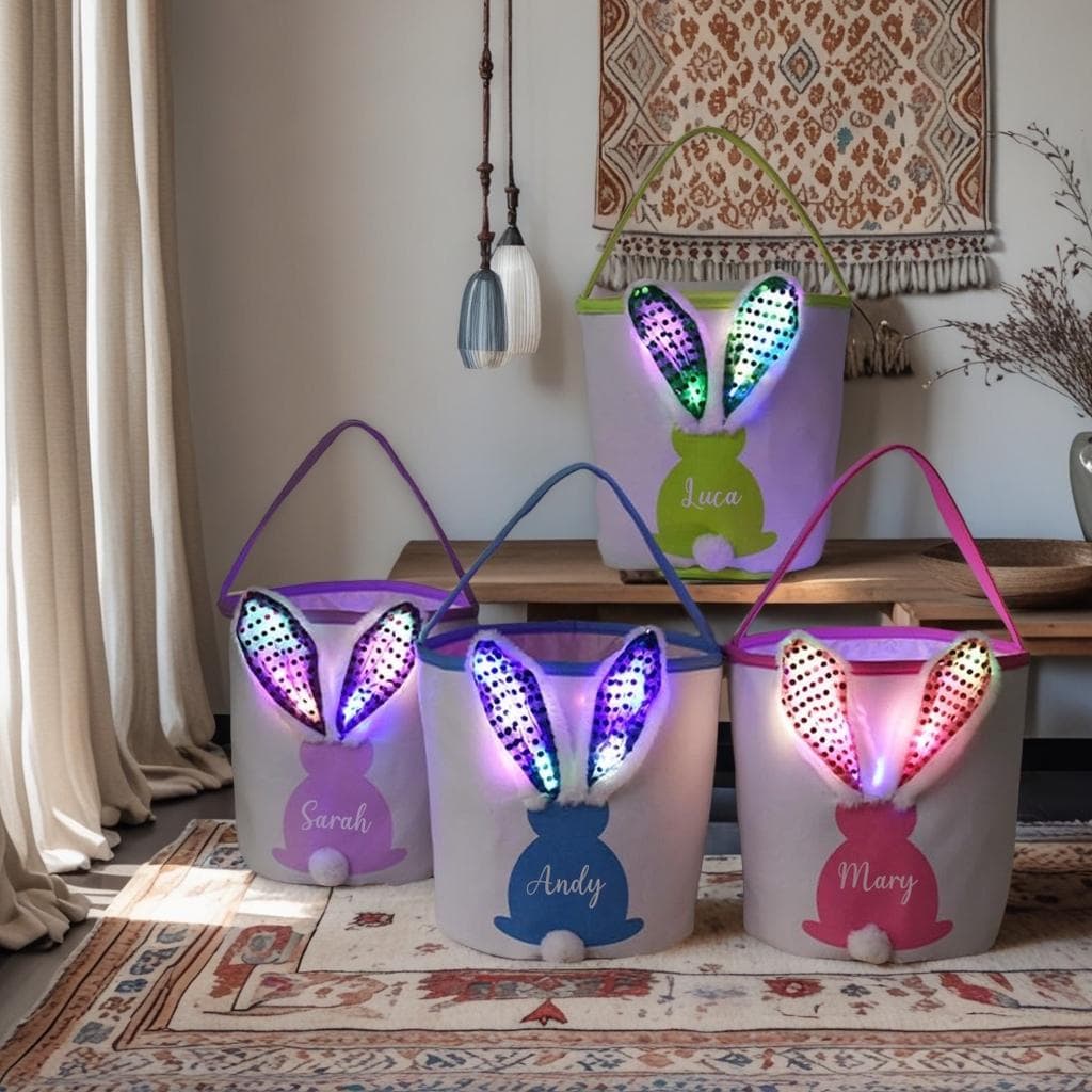 Personalized Easter Basket | Bunny Baskets for Kids | Hot Transfer Logo Easter Basket With LED Lighting| Easter Bunny Tail Bag