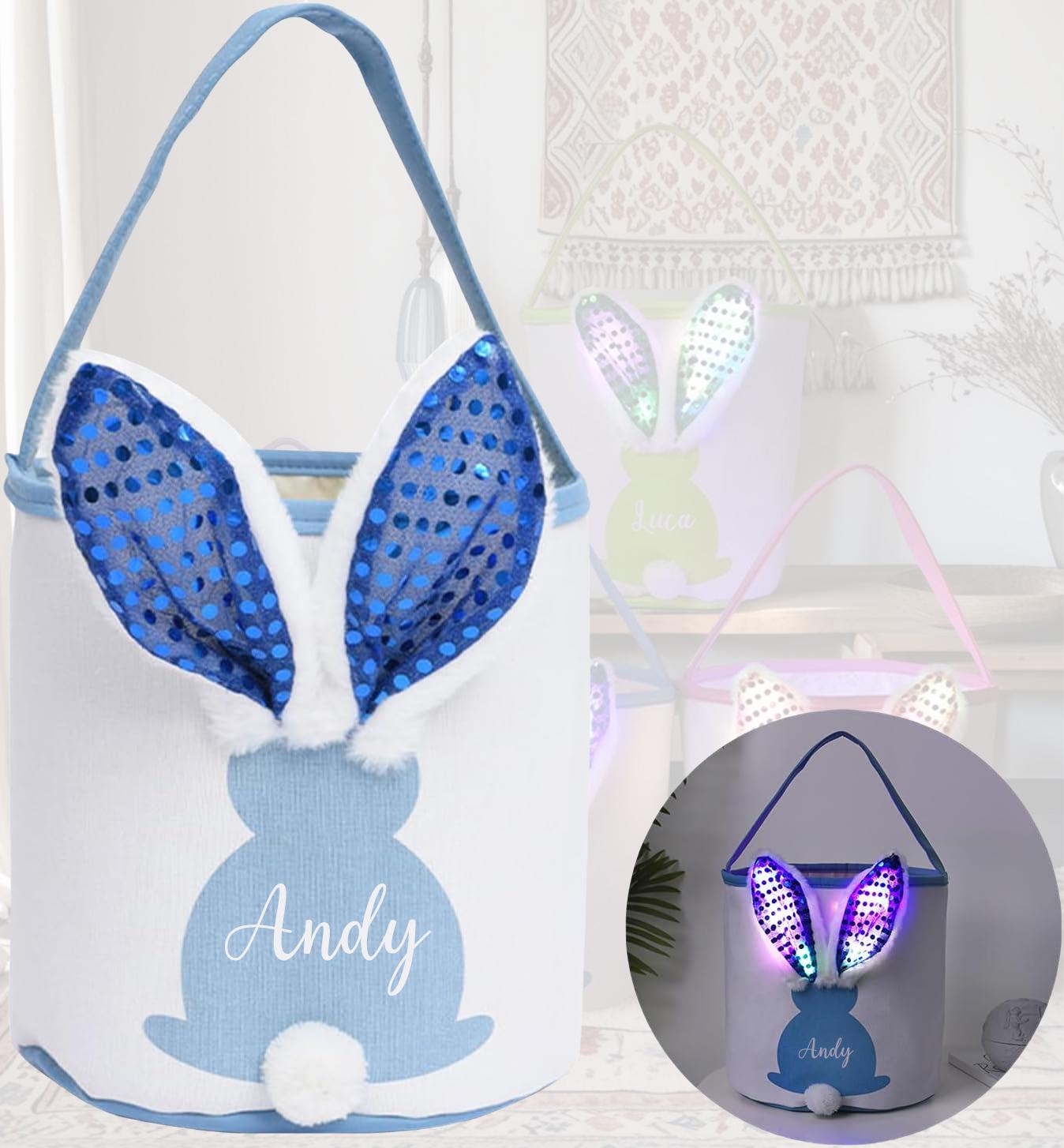 Personalized Easter Basket | Bunny Baskets for Kids | Hot Transfer Logo Easter Basket With LED Lighting| Easter Bunny Tail Bag