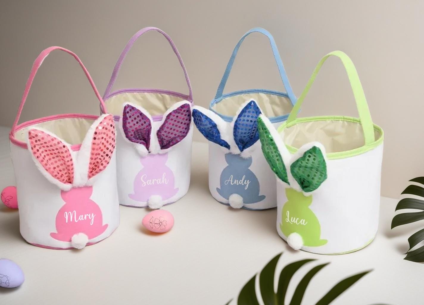Personalized Easter Basket | Bunny Baskets for Kids | Hot Transfer Logo Easter Basket With LED Lighting| Easter Bunny Tail Bag