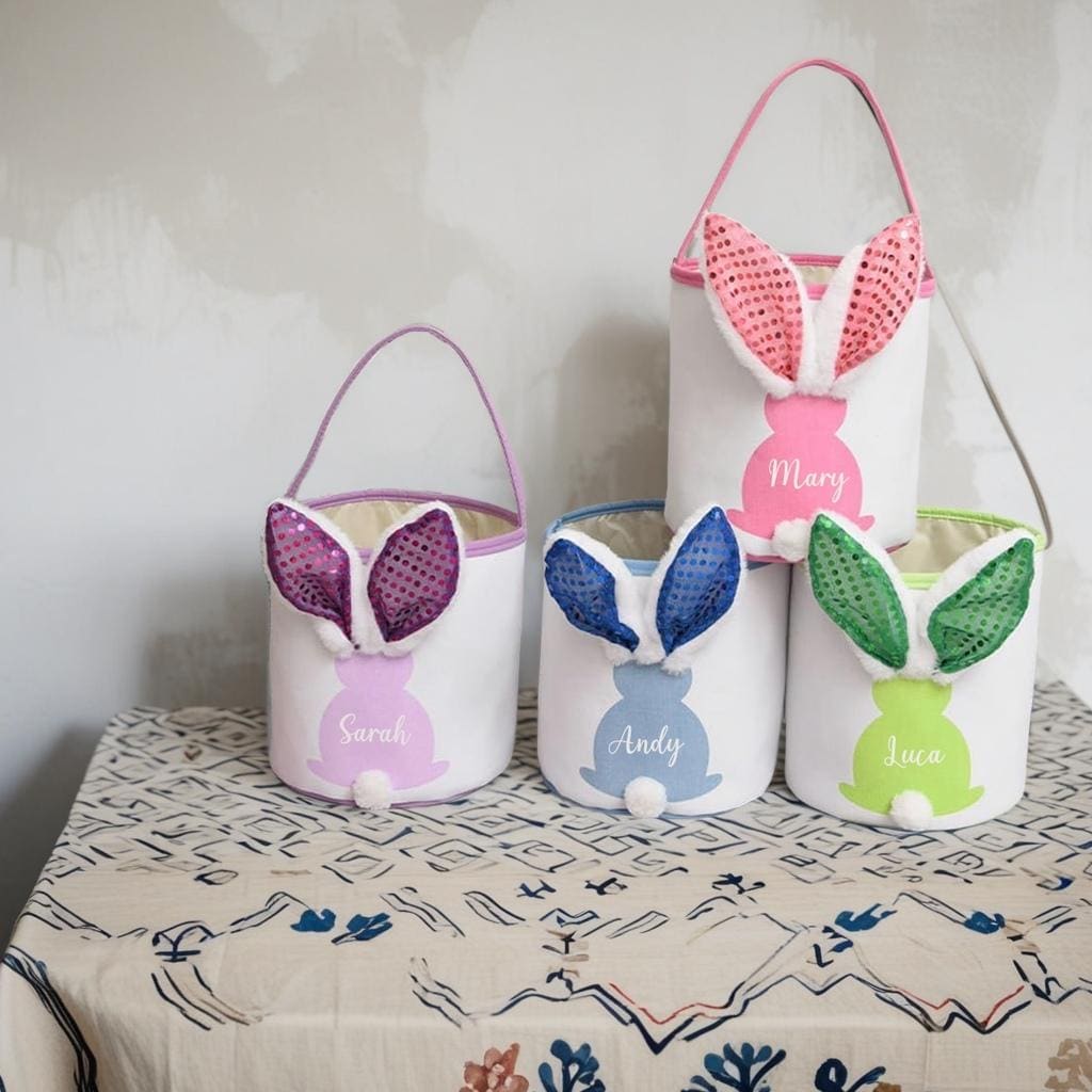 Personalized Easter Basket | Bunny Baskets for Kids | Hot Transfer Logo Easter Basket With LED Lighting| Easter Bunny Tail Bag