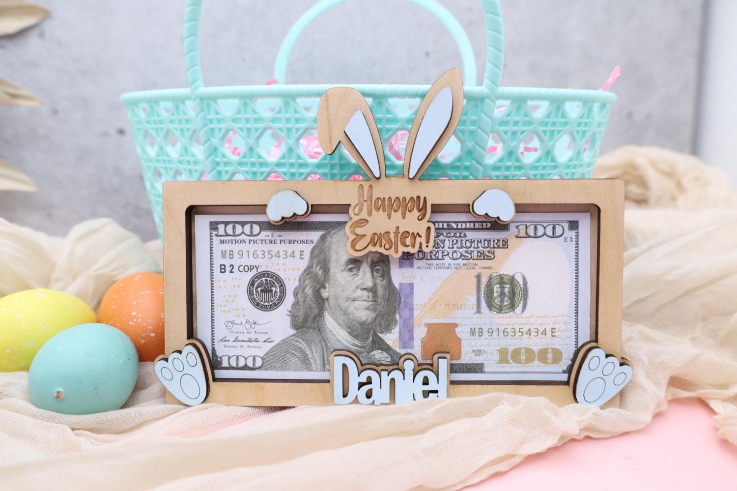 Bunny Easter Money Holder: Engraved Wooden Basket Stuffer