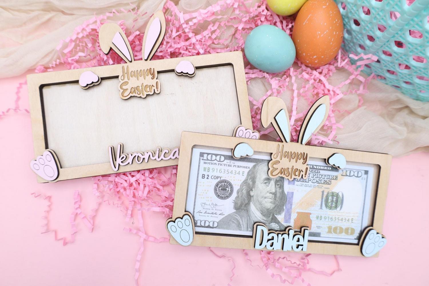 Bunny Easter Money Holder: Engraved Wooden Basket Stuffer