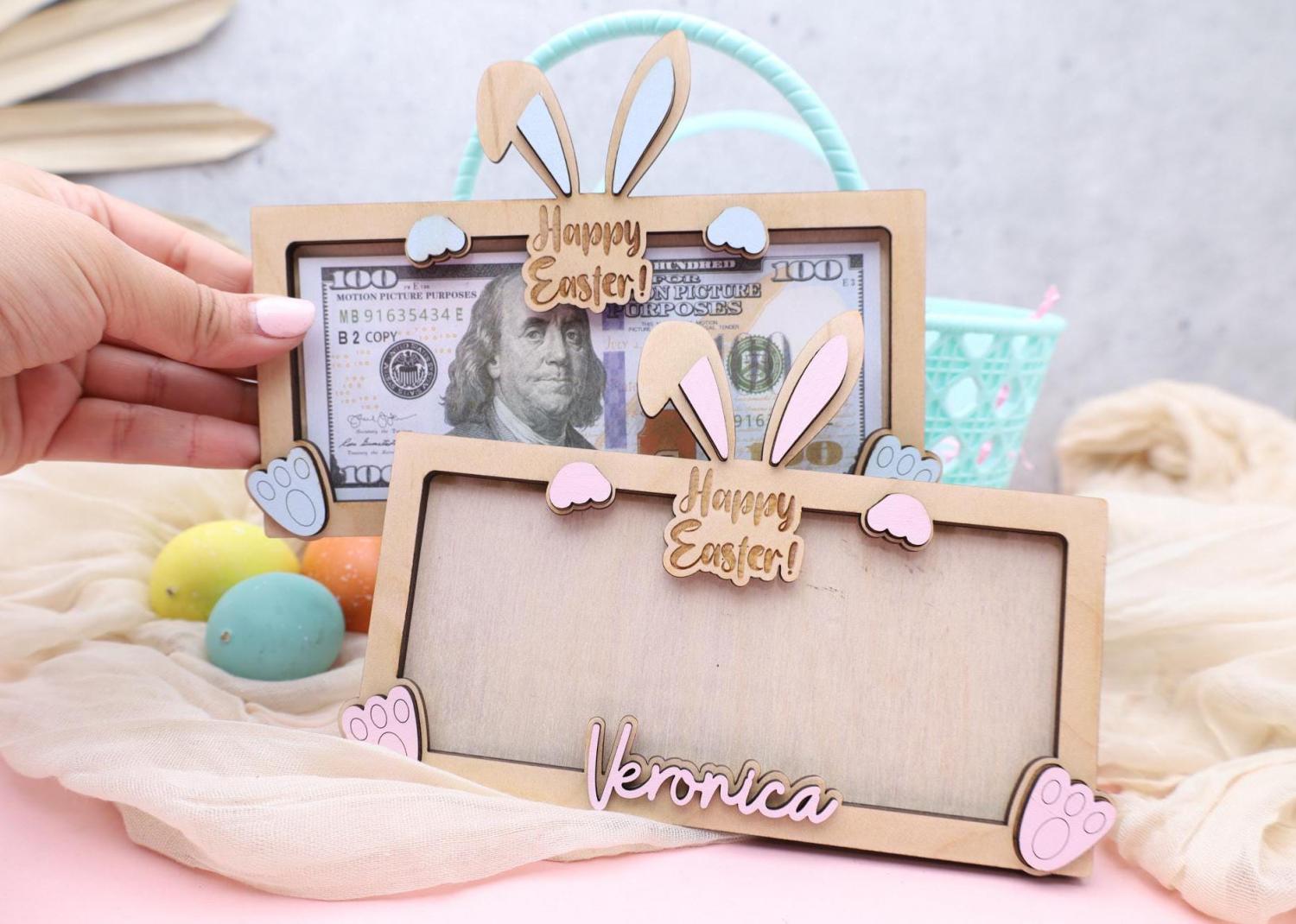 Bunny Easter Money Holder: Engraved Wooden Basket Stuffer