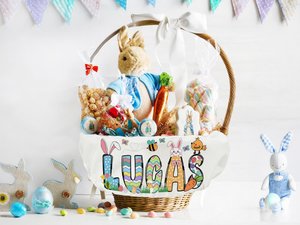 Personalized Easter Basket Liner, Custom Name Bunny Fabric Liner for Kids, Easter Egg Hunt Gift, Spring Decor Basket with Name or Monogram