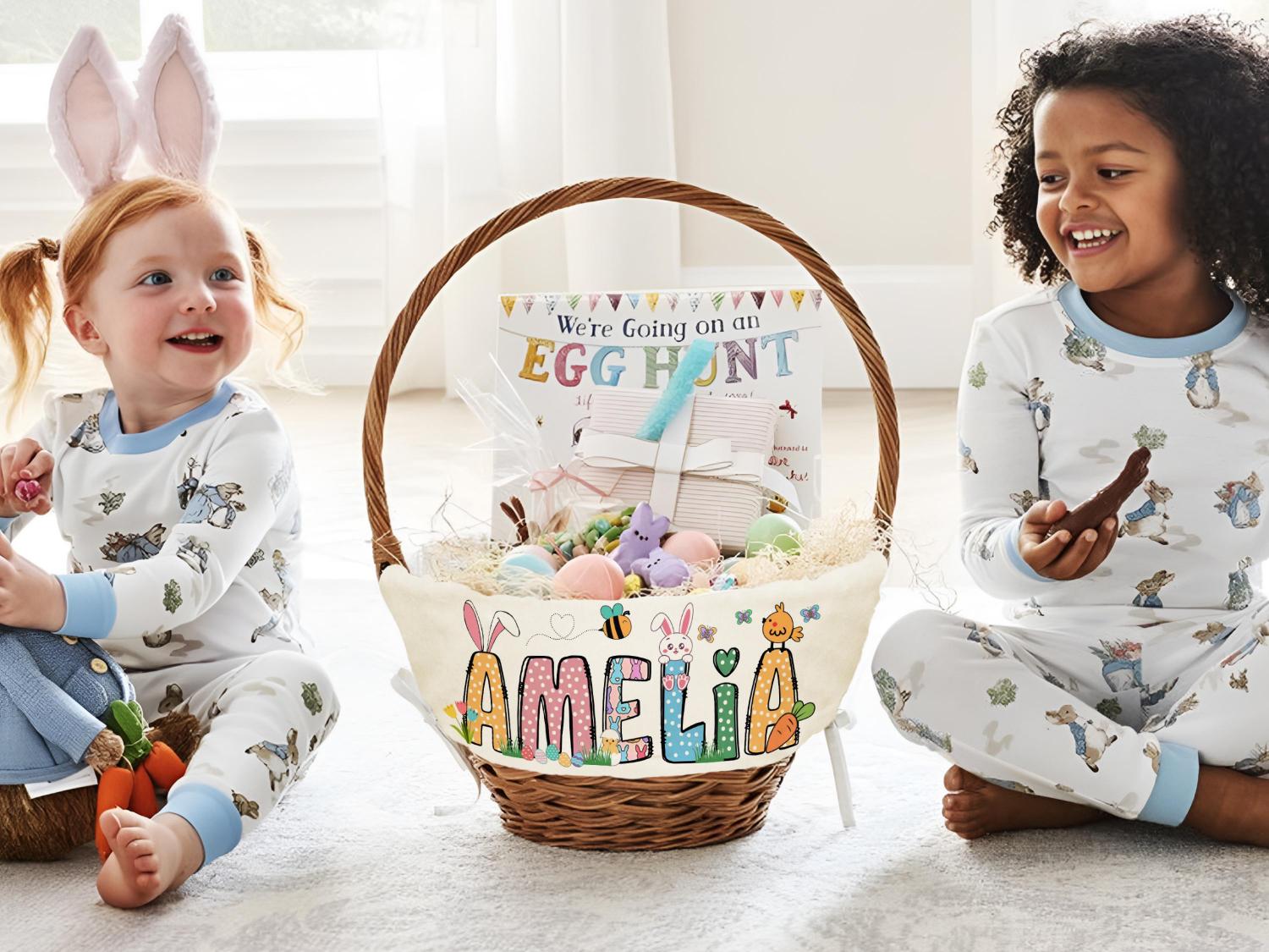 Personalized Easter Basket Liner, Custom Name Bunny Fabric Liner for Kids, Easter Egg Hunt Gift, Spring Decor Basket with Name or Monogram