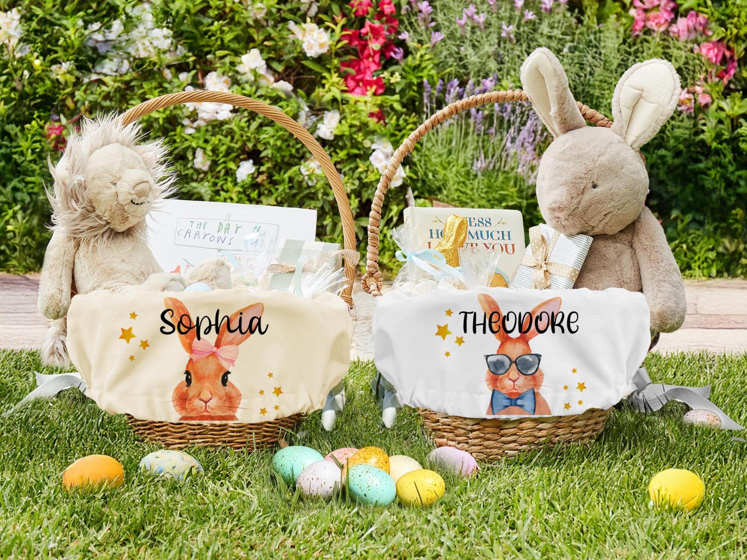 Personalized Easter Basket Liner, Custom Name Bunny Fabric Liner for Kids, Easter Egg Hunt Gift, Spring Decor Basket with Name or Monogram