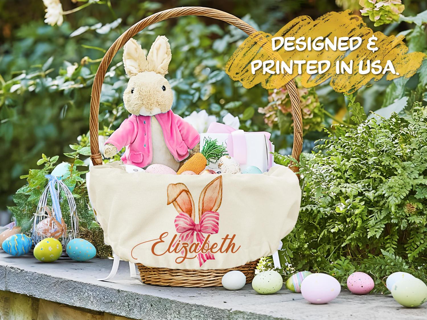 Personalized Easter Basket Liner, Custom Name Bunny Fabric Liner for Kids, Easter Egg Hunt Gift, Spring Decor Basket with Name or Monogram