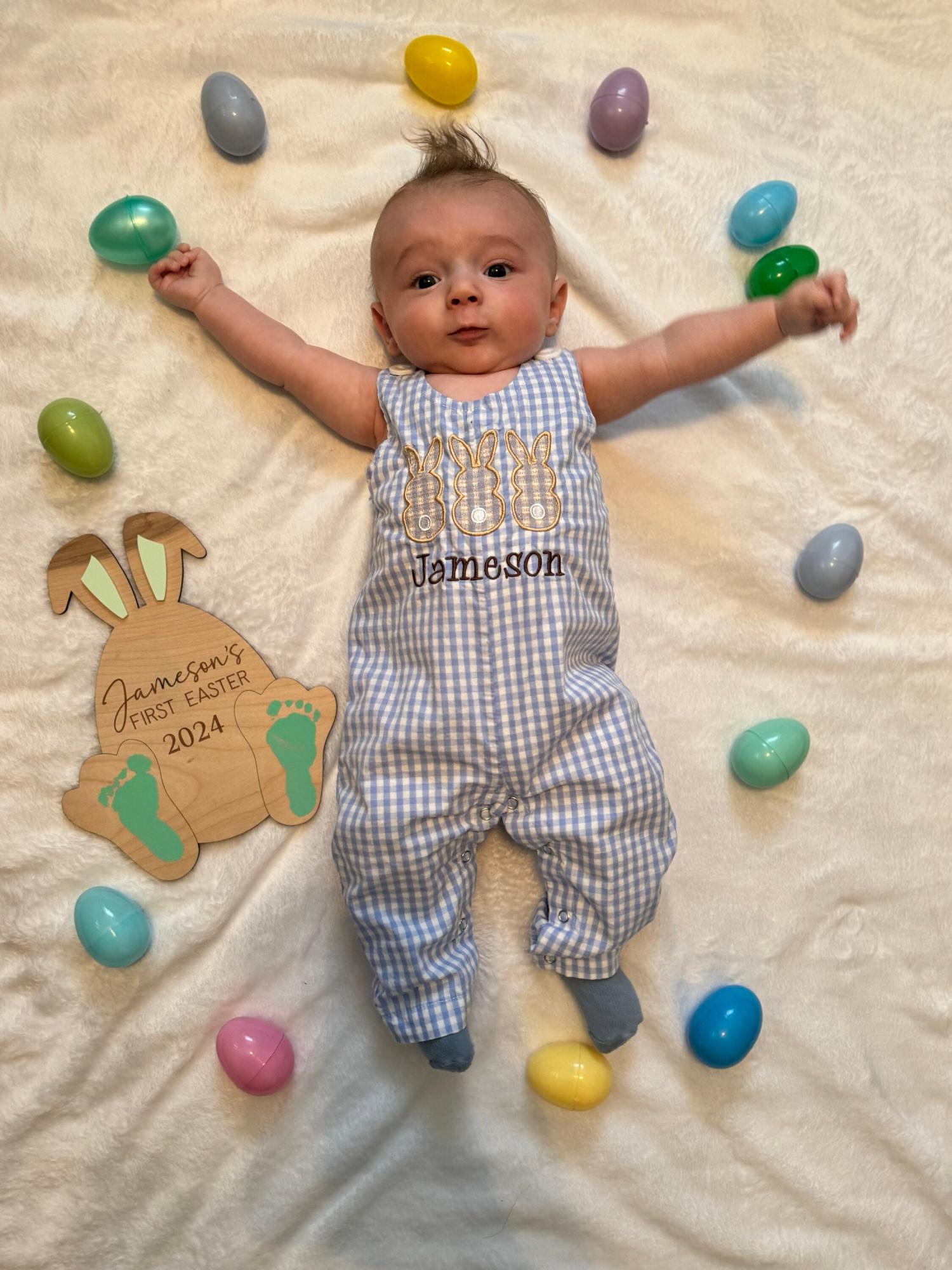 Personalized Boys Easter outfit with bunny design and name - Baby Boy Easter Outfit, Easter overalls, Easter monogrammed Longall outfit