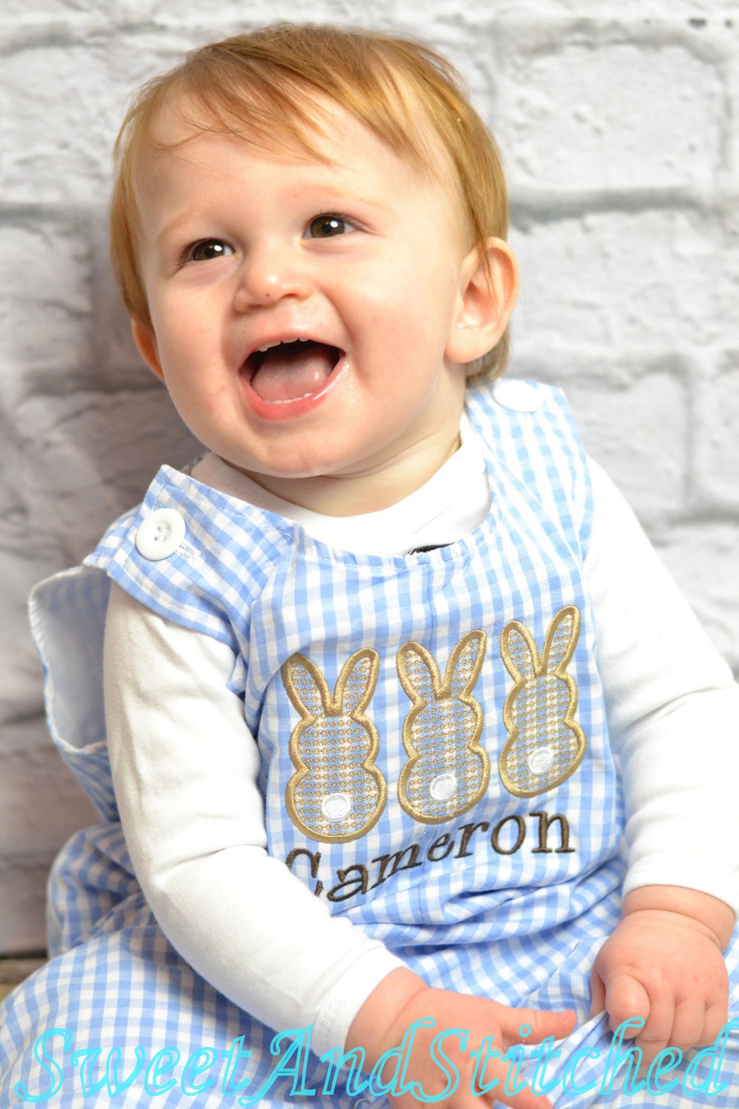 Personalized Boys Easter outfit with bunny design and name - Baby Boy Easter Outfit, Easter overalls, Easter monogrammed Longall outfit