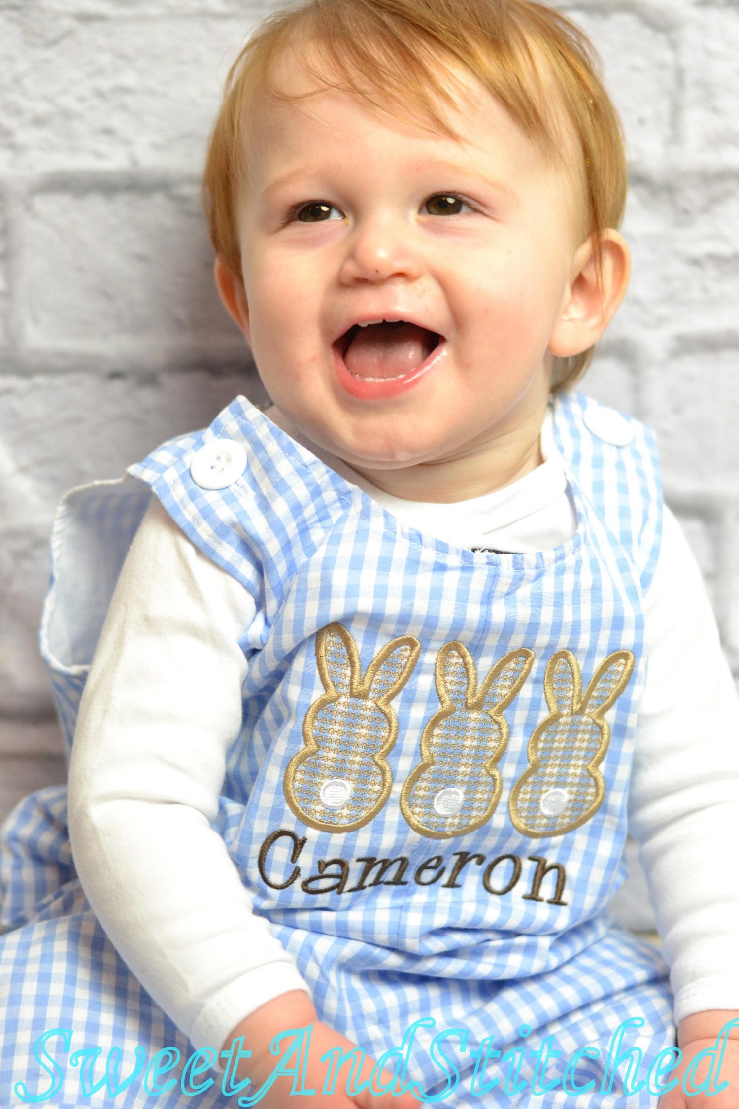 Personalized Boys Easter outfit with bunny design and name - Baby Boy Easter Outfit, Easter overalls, Easter monogrammed Longall outfit