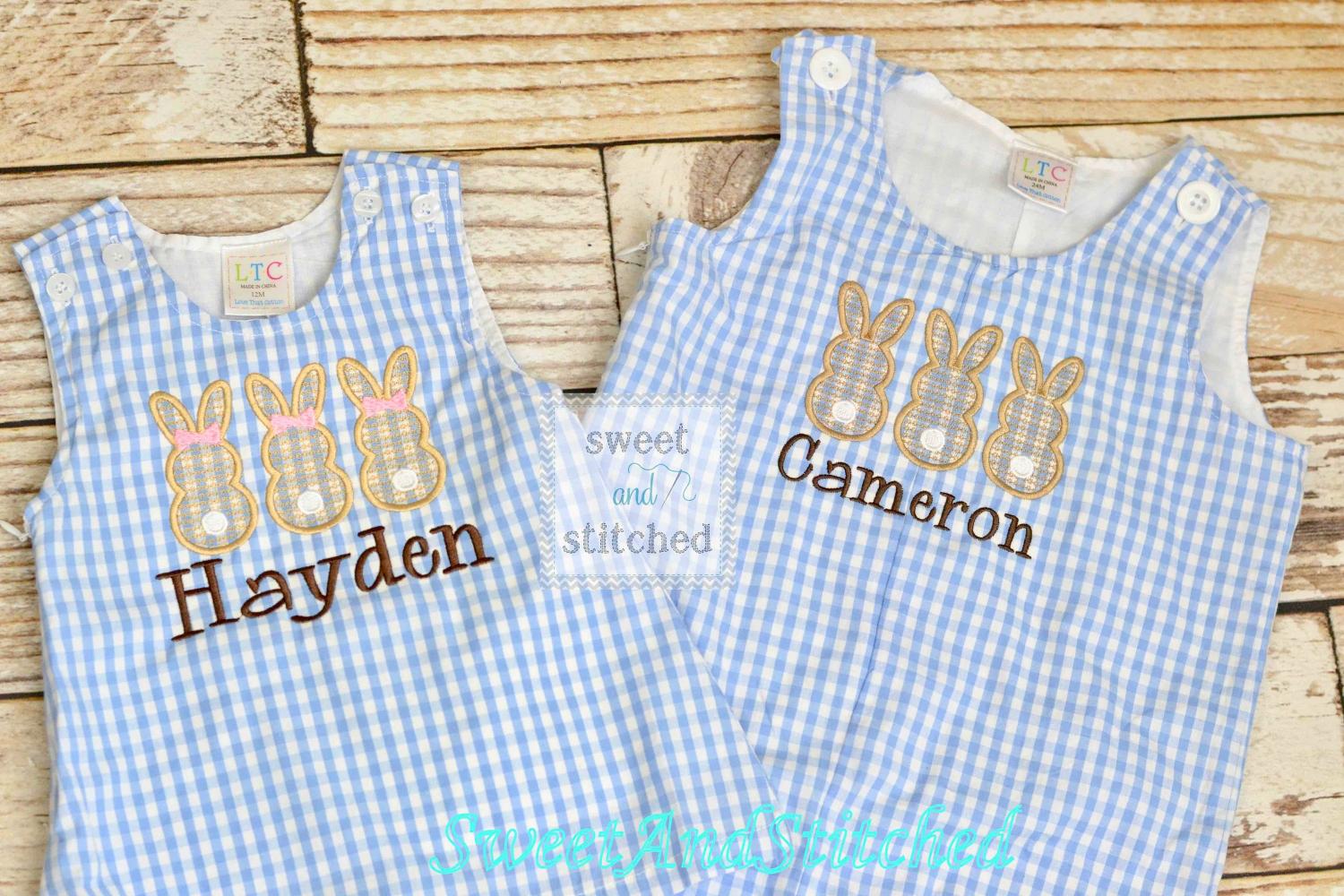 Personalized Boys Easter outfit with bunny design and name - Baby Boy Easter Outfit, Easter overalls, Easter monogrammed Longall outfit