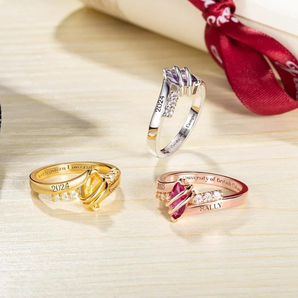 Personalized Class of 2025 Graduation Ring, Custom Birthstone & Name Engraving Ring, Delicate Woman's Class Ring with Custom Engravings
