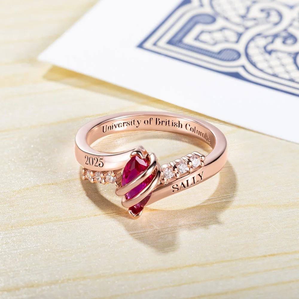 Personalized Class of 2025 Graduation Ring, Custom Birthstone & Name Engraving Ring, Delicate Woman's Class Ring with Custom Engravings