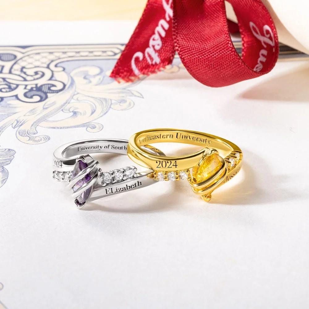 Personalized Class of 2025 Graduation Ring, Custom Birthstone & Name Engraving Ring, Delicate Woman's Class Ring with Custom Engravings
