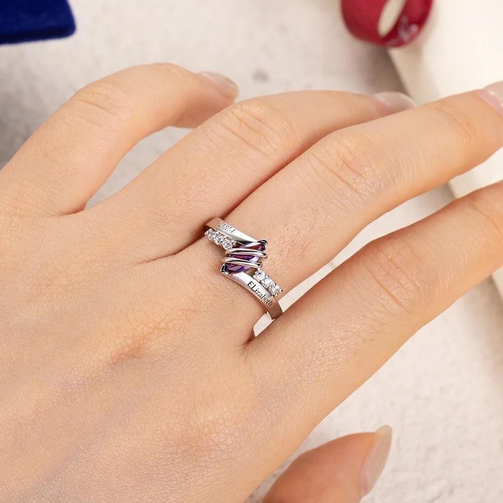 Personalized Class of 2025 Graduation Ring, Custom Birthstone & Name Engraving Ring, Delicate Woman's Class Ring with Custom Engravings