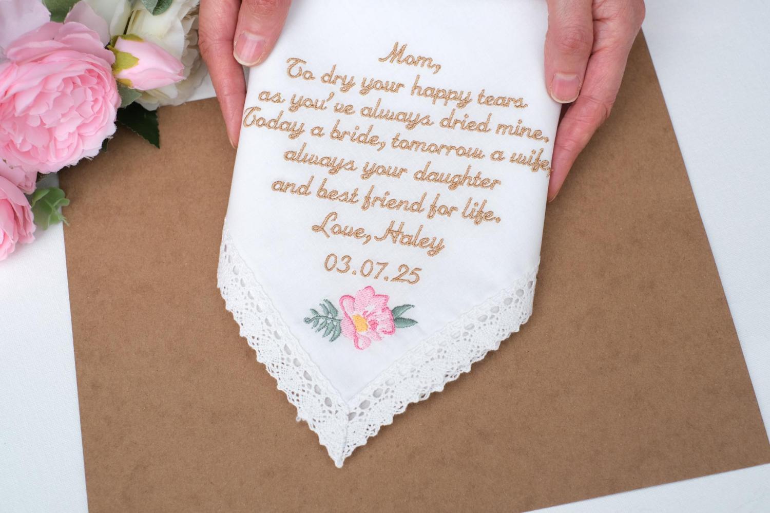 Mother of the Bride Gift, Wedding gift Handkerchiefs, Mom wedding gift from daughter, Embroidered handkerchief, Wedding Gifts for parents
