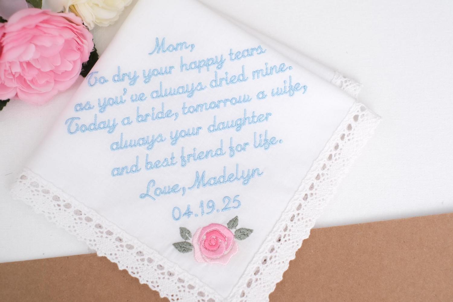 Mother of the Bride Gift, Wedding gift Handkerchiefs, Mom wedding gift from daughter, Embroidered handkerchief, Wedding Gifts for parents