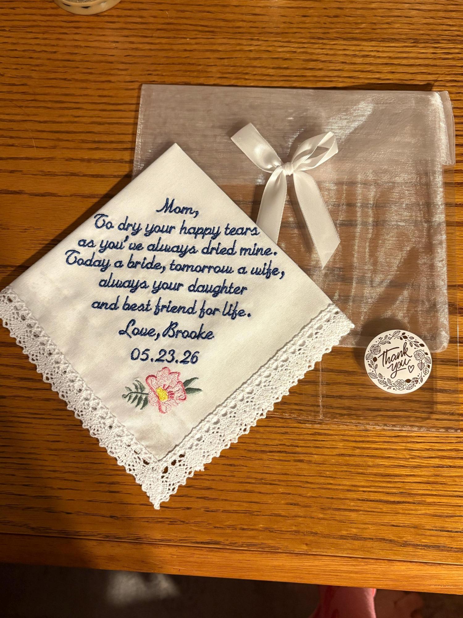 Mother of the Bride Gift, Wedding gift Handkerchiefs, Mom wedding gift from daughter, Embroidered handkerchief, Wedding Gifts for parents