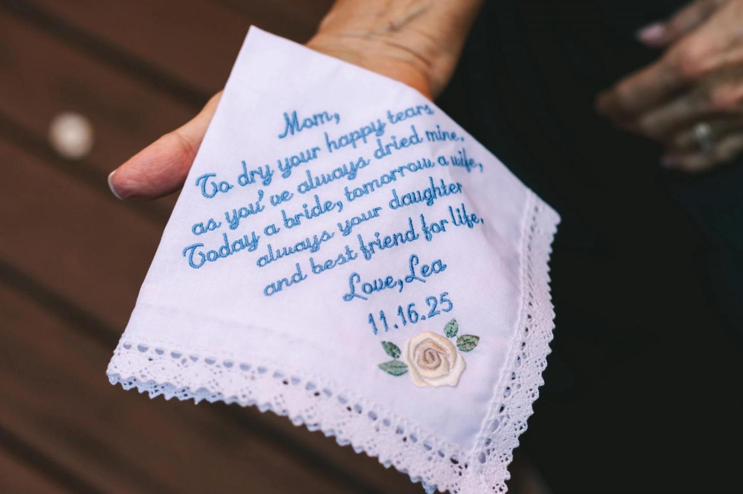 Mother of the Bride Gift, Wedding gift Handkerchiefs, Mom wedding gift from daughter, Embroidered handkerchief, Wedding Gifts for parents