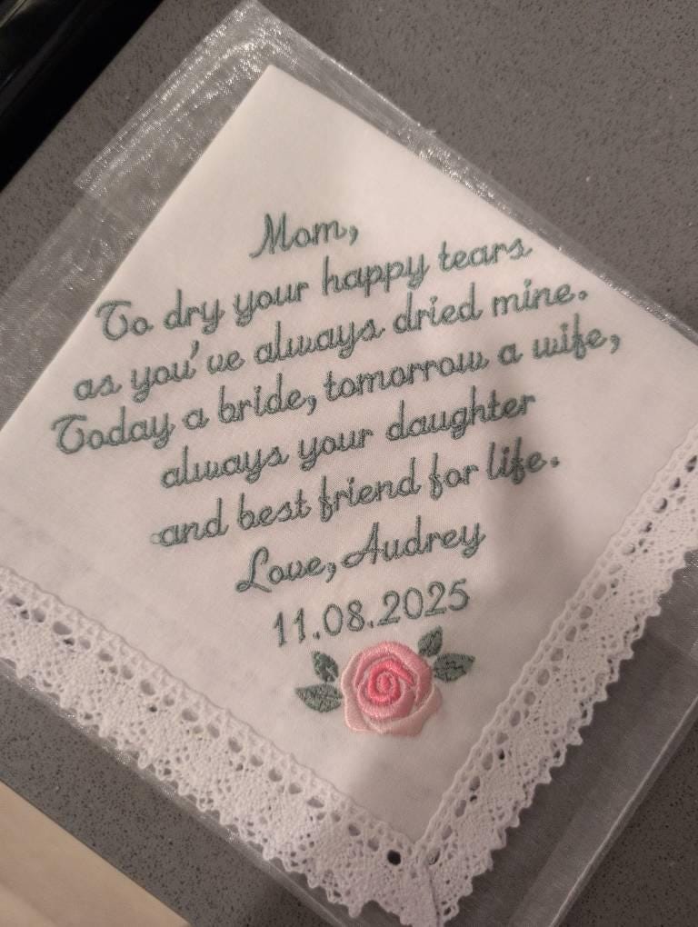 Mother of the Bride Gift, Wedding gift Handkerchiefs, Mom wedding gift from daughter, Embroidered handkerchief, Wedding Gifts for parents