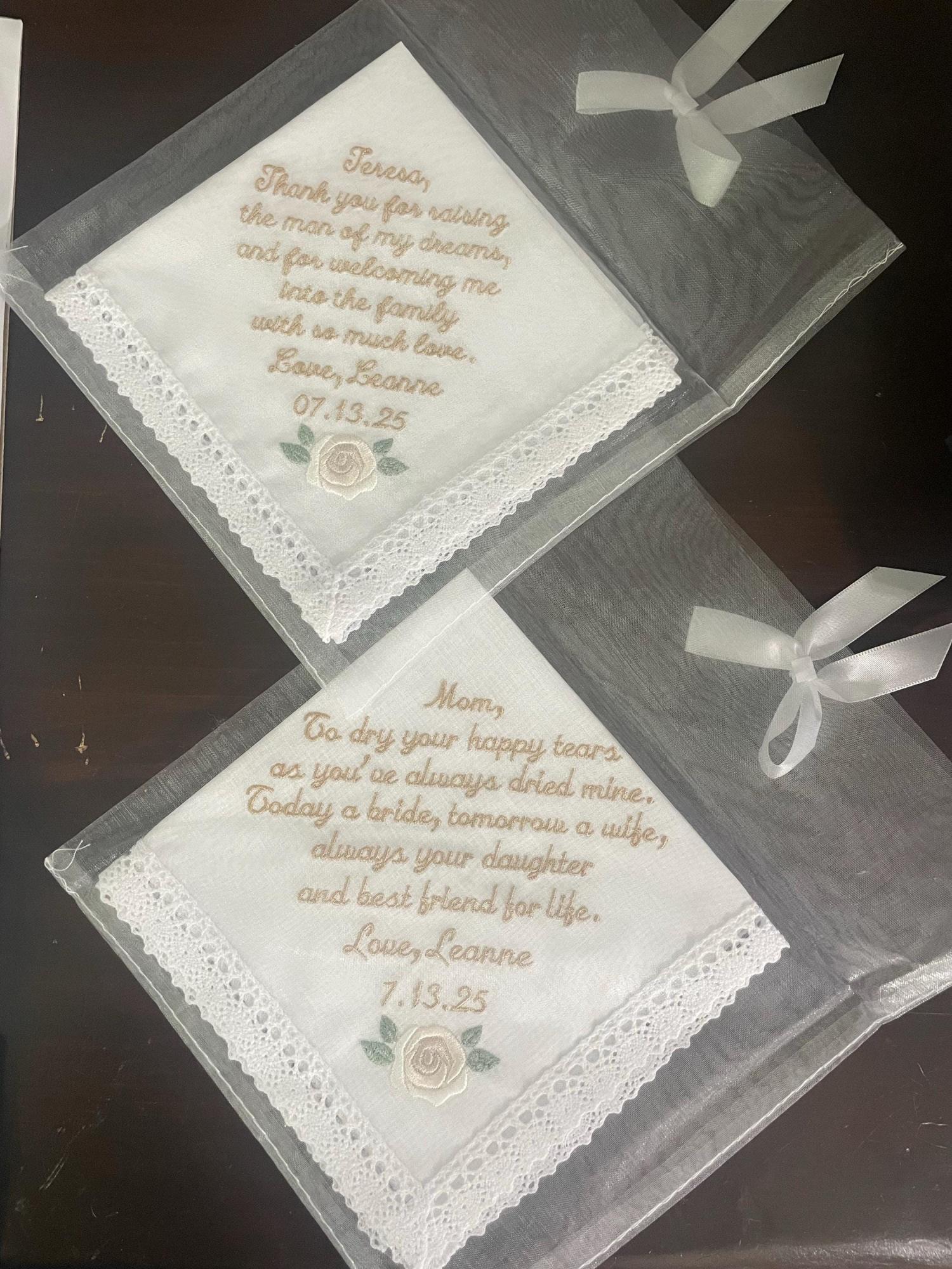 Mother of the Bride Gift, Wedding gift Handkerchiefs, Mom wedding gift from daughter, Embroidered handkerchief, Wedding Gifts for parents