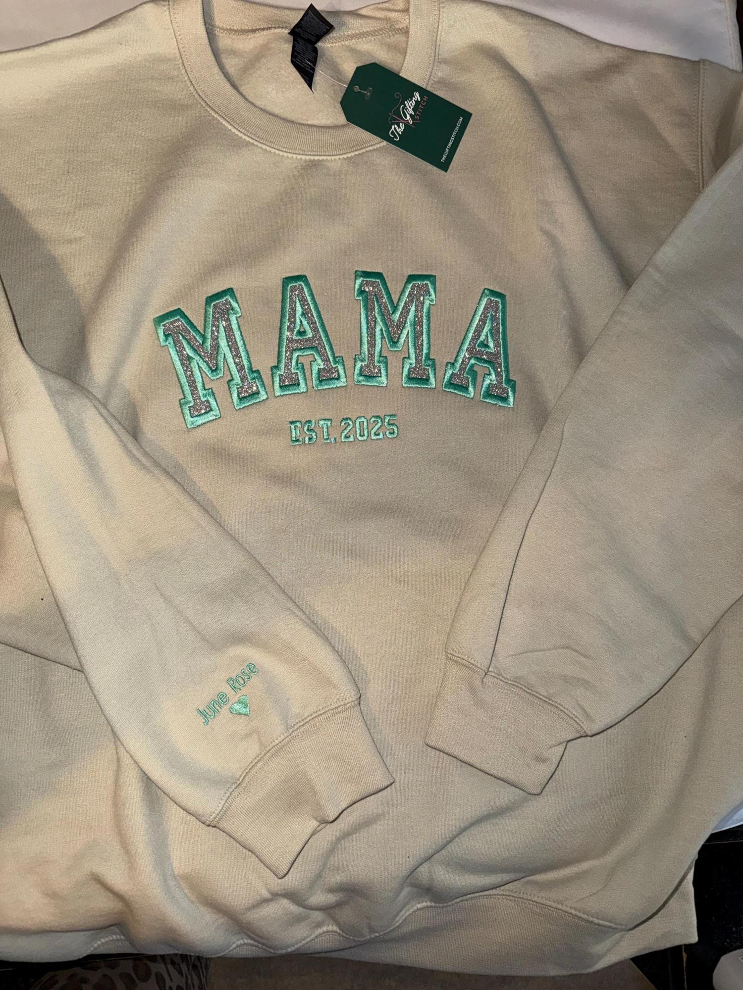 Custom Embroidered Mama Sweatshirt with Kids Names on Sleeve New Mom Hoodie Personalized Gift for Mom Crewneck Pullover
